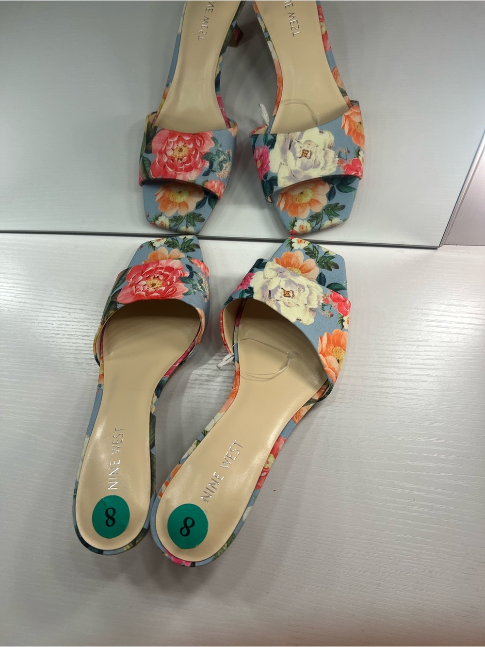 Nine West Floral Print Light Blue Slide Mules - Picture 2 of 16